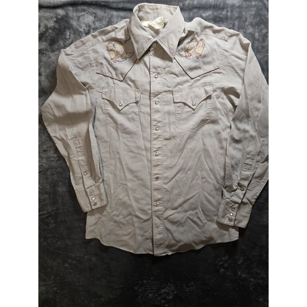 VTG Rocking Ranchwear Western Shirt Tan Sz M Embroidered Boots/Spurs Pearl Snap